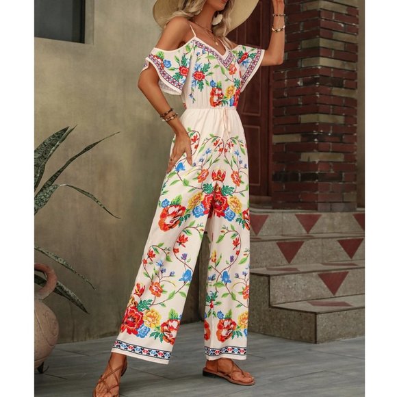 MODA ME COUTURE Pants - Boho Floral Print Cold Shoulder Wide Leg Jumpsuit multi color